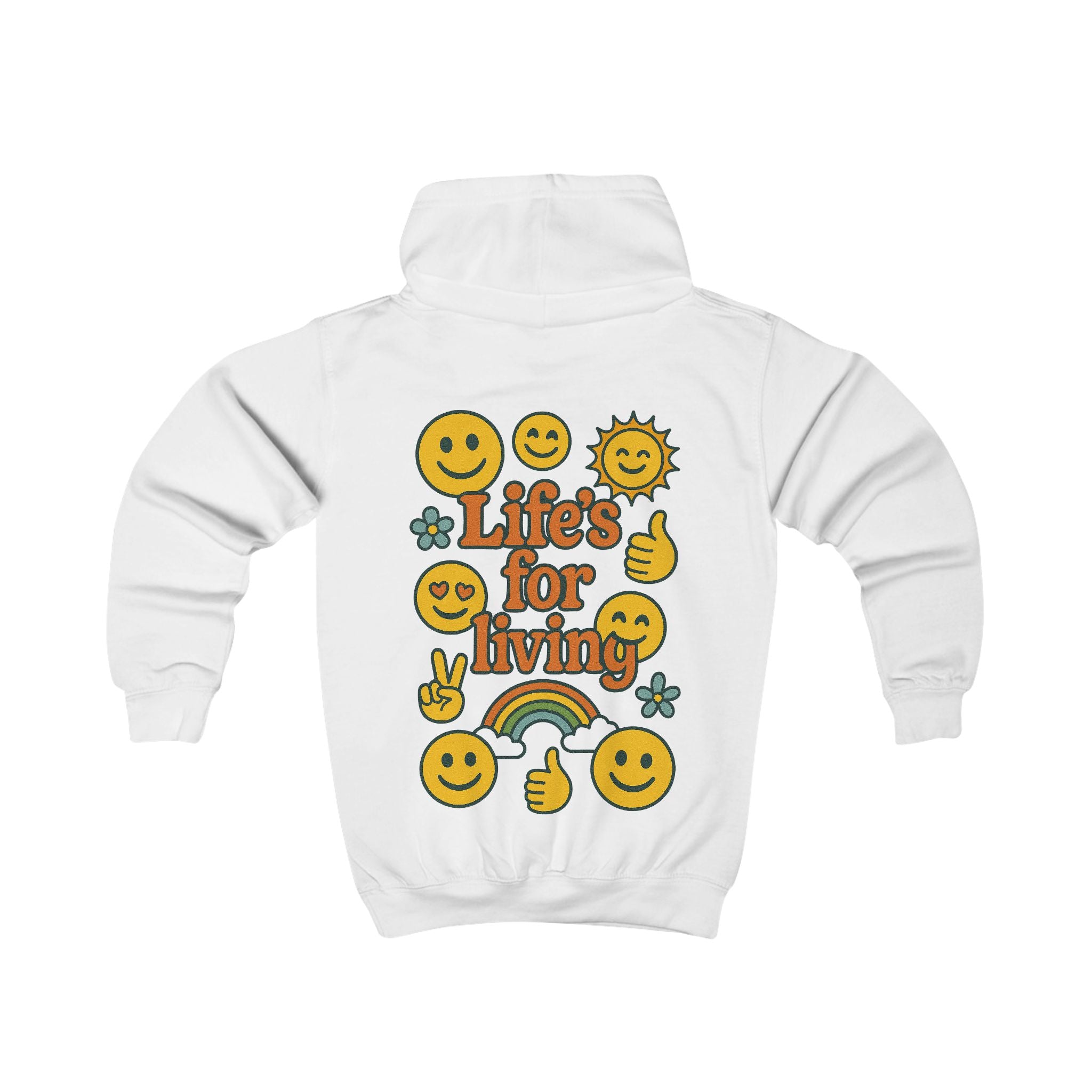 Kids Hoodie - 'Life's for Living' Retro Smiley Rainbow Graphic