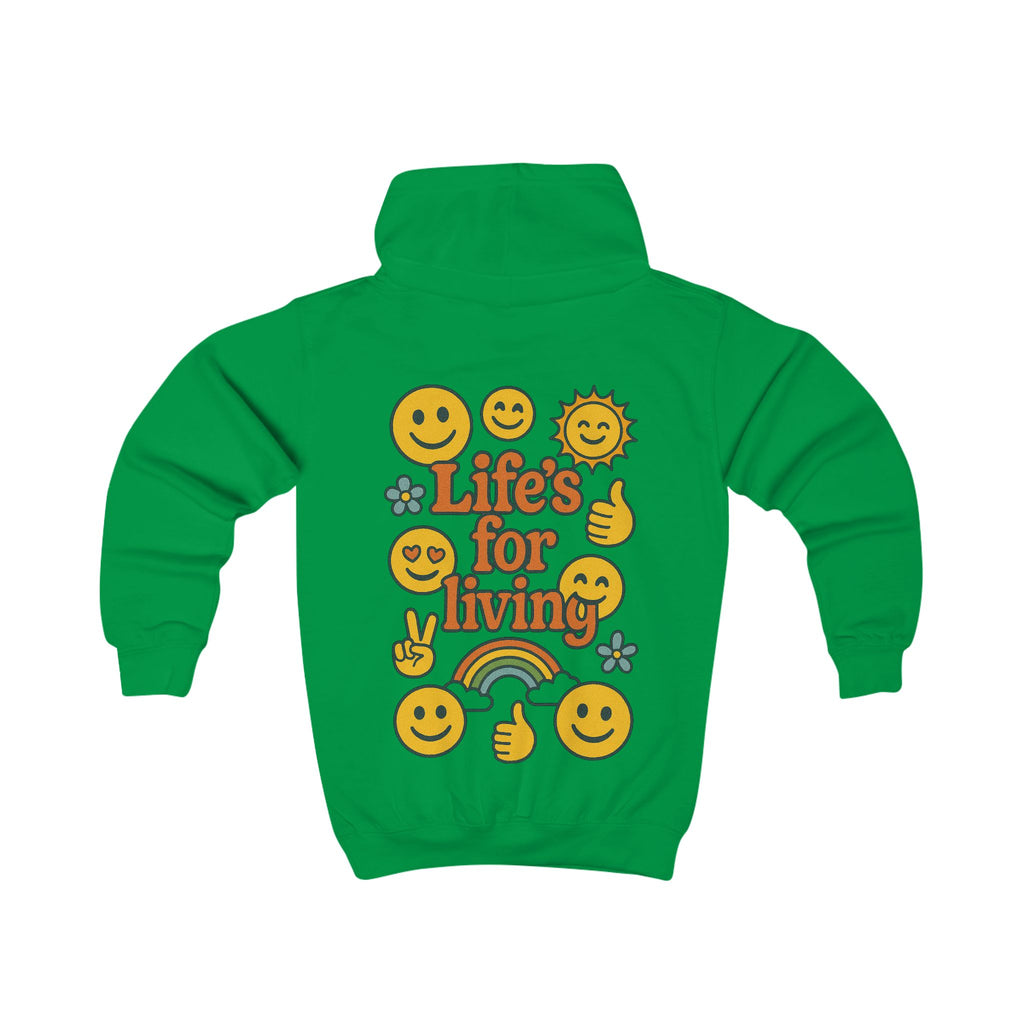 Kids Hoodie - 'Life's for Living' Retro Smiley Rainbow Graphic