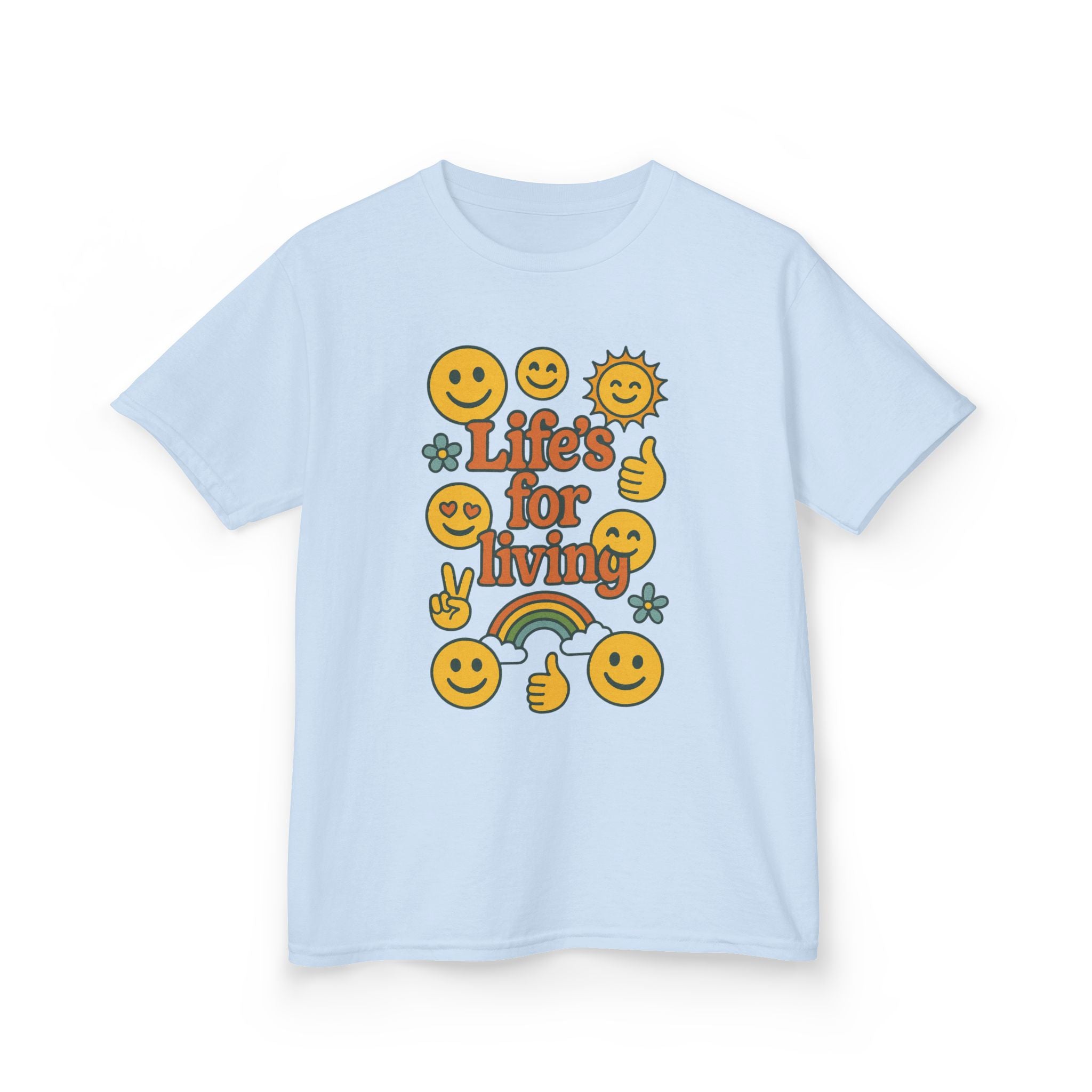 Kids Tee — "Life's for Living" Smiley Emoji Rainbow Graphic
