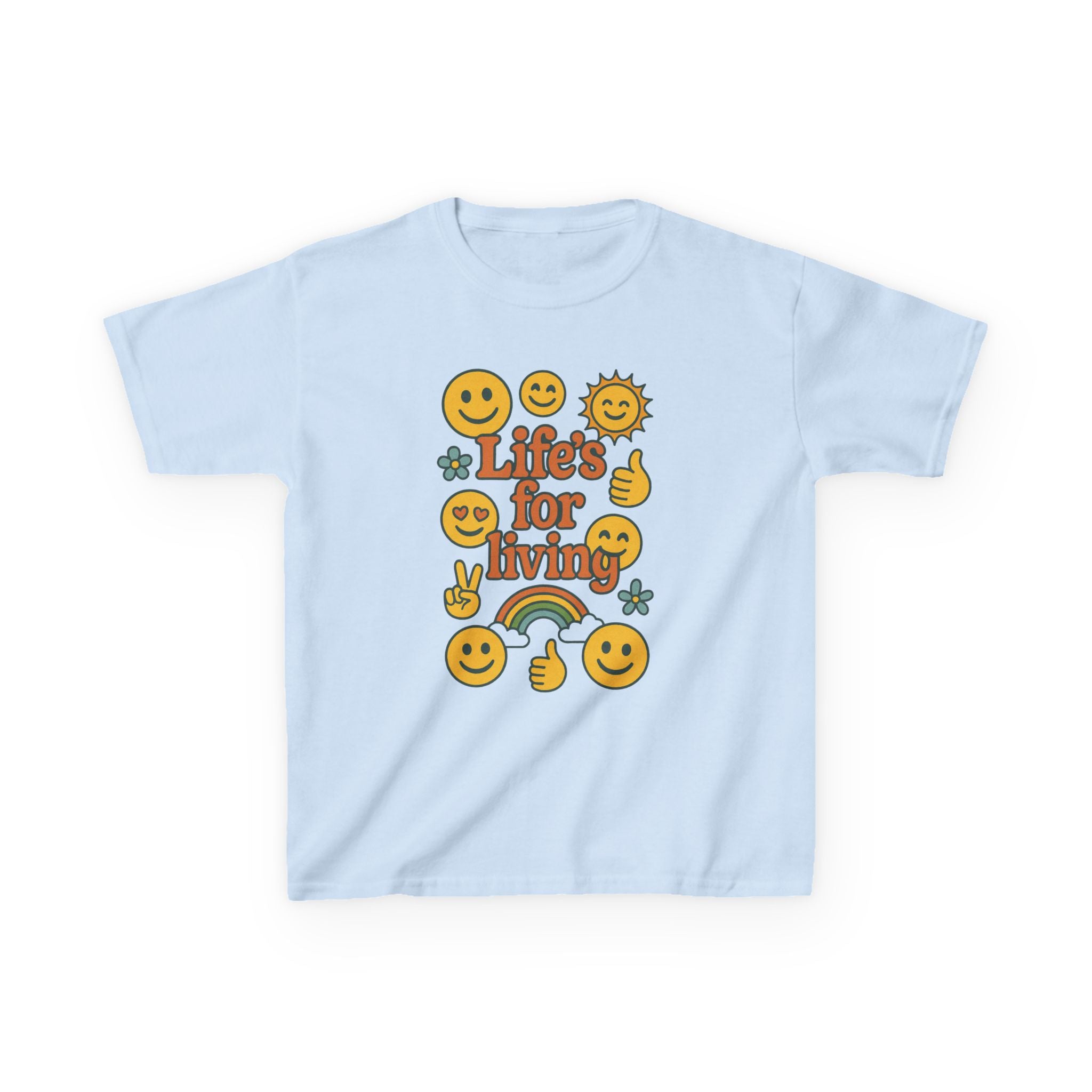 Kids Tee — "Life's for Living" Smiley Emoji Rainbow Graphic
