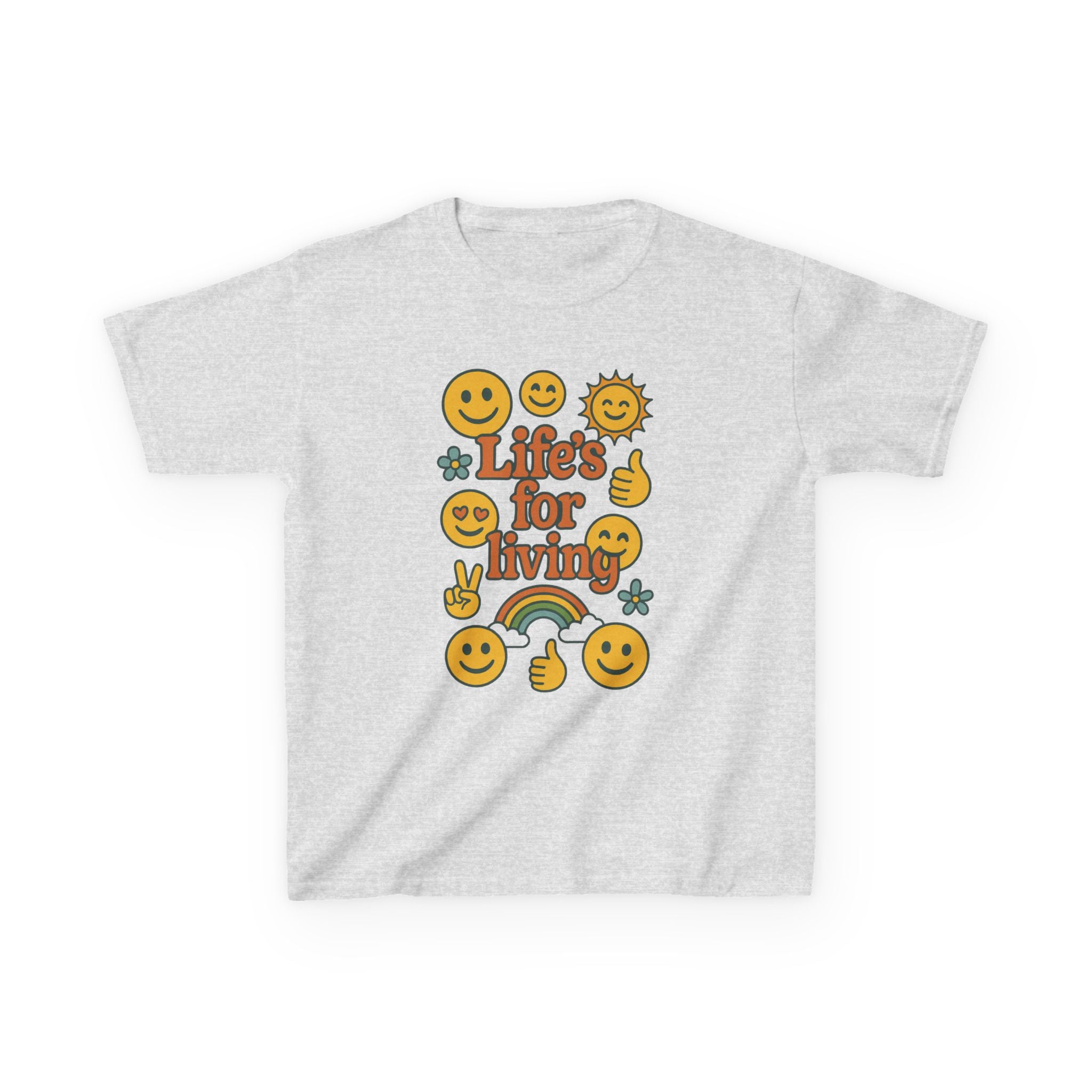 Kids Tee — "Life's for Living" Smiley Emoji Rainbow Graphic