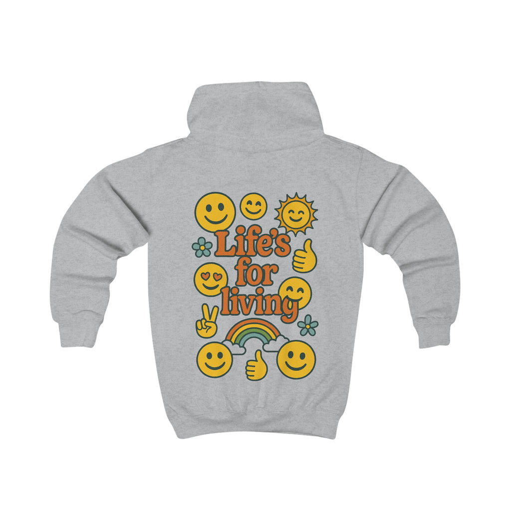 Kids Hoodie - 'Life's for Living' Retro Smiley Rainbow Graphic
