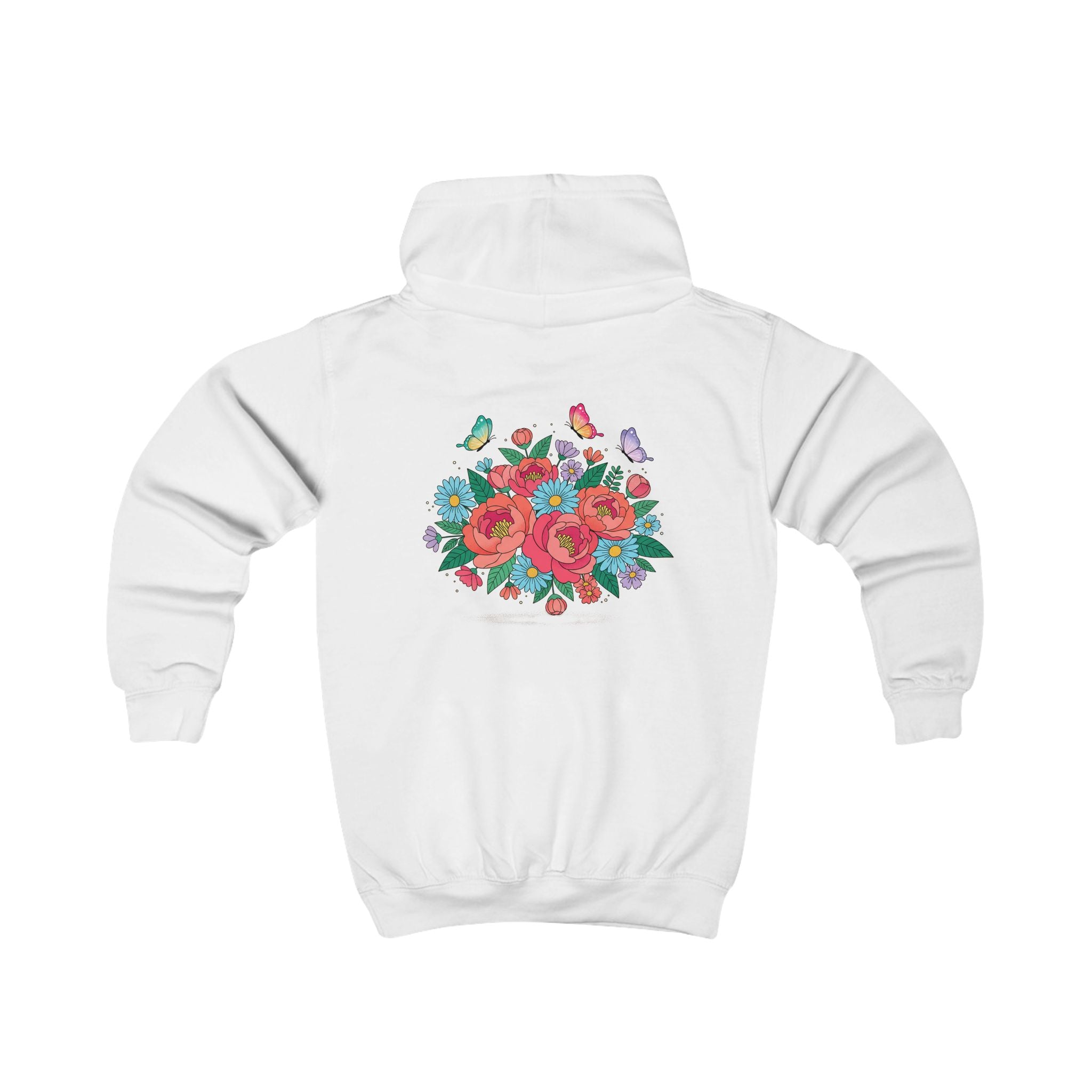Kids Hoodie — Colorful Floral Bouquet Back + 'Little Sunshine' Chest Graphic