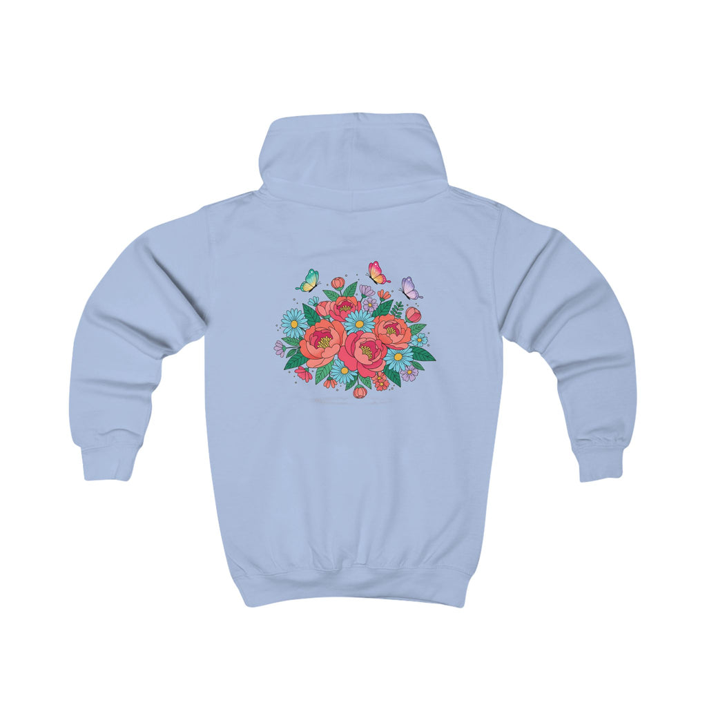 Kids Hoodie — Colorful Floral Bouquet Back + 'Little Sunshine' Chest Graphic
