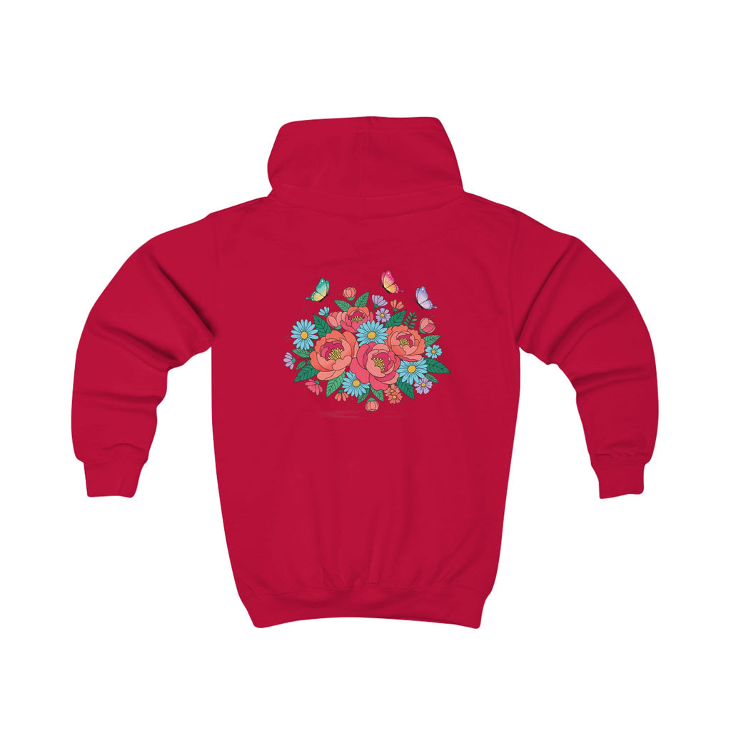 Kids Hoodie — Colorful Floral Bouquet Back + 'Little Sunshine' Chest Graphic