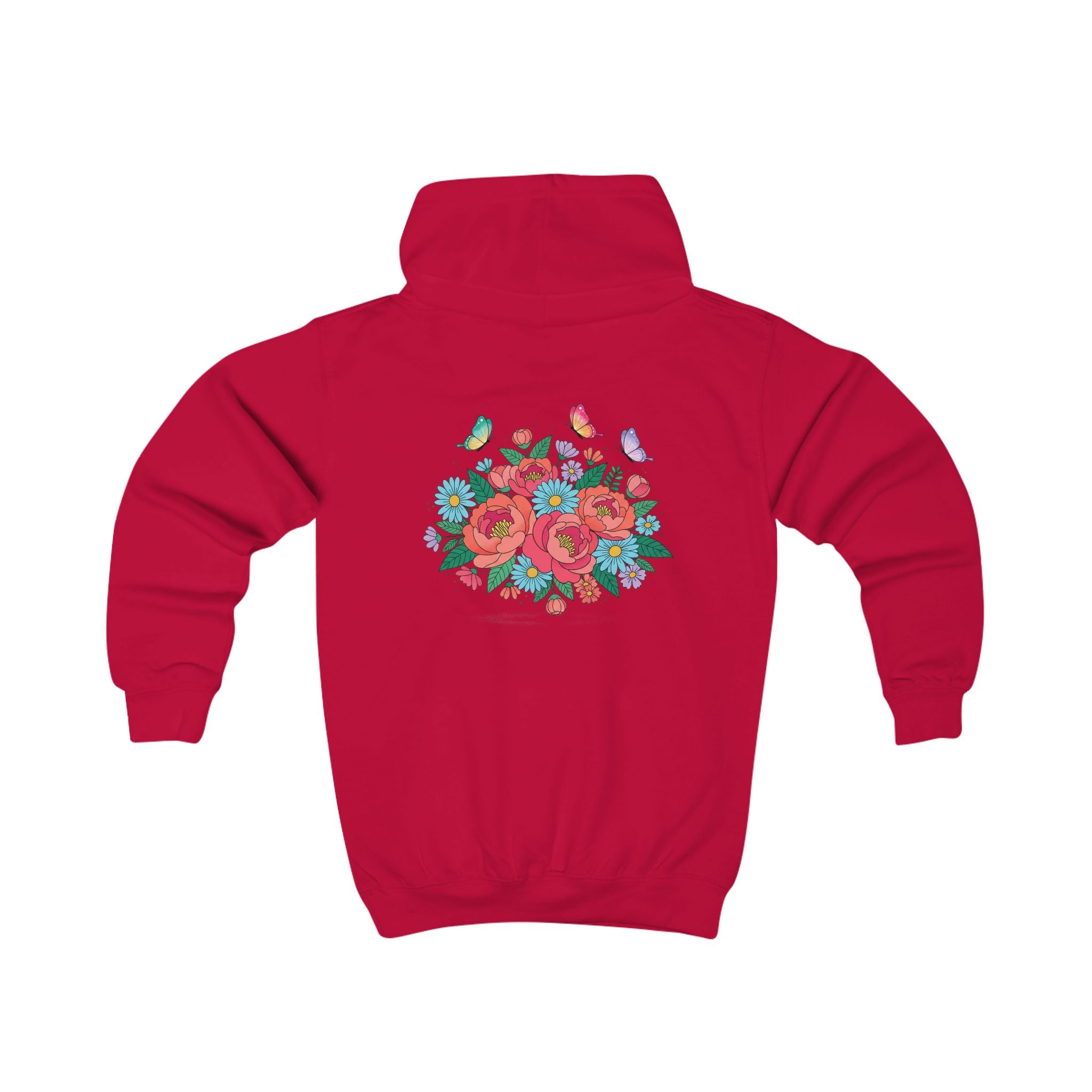 Kids Hoodie — Colorful Floral Bouquet Back + 'Little Sunshine' Chest Graphic