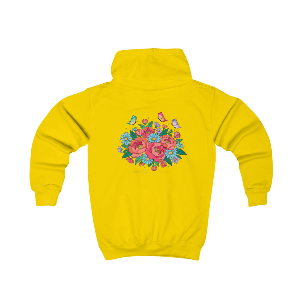 Kids Hoodie — Colorful Floral Bouquet Back + 'Little Sunshine' Chest Graphic