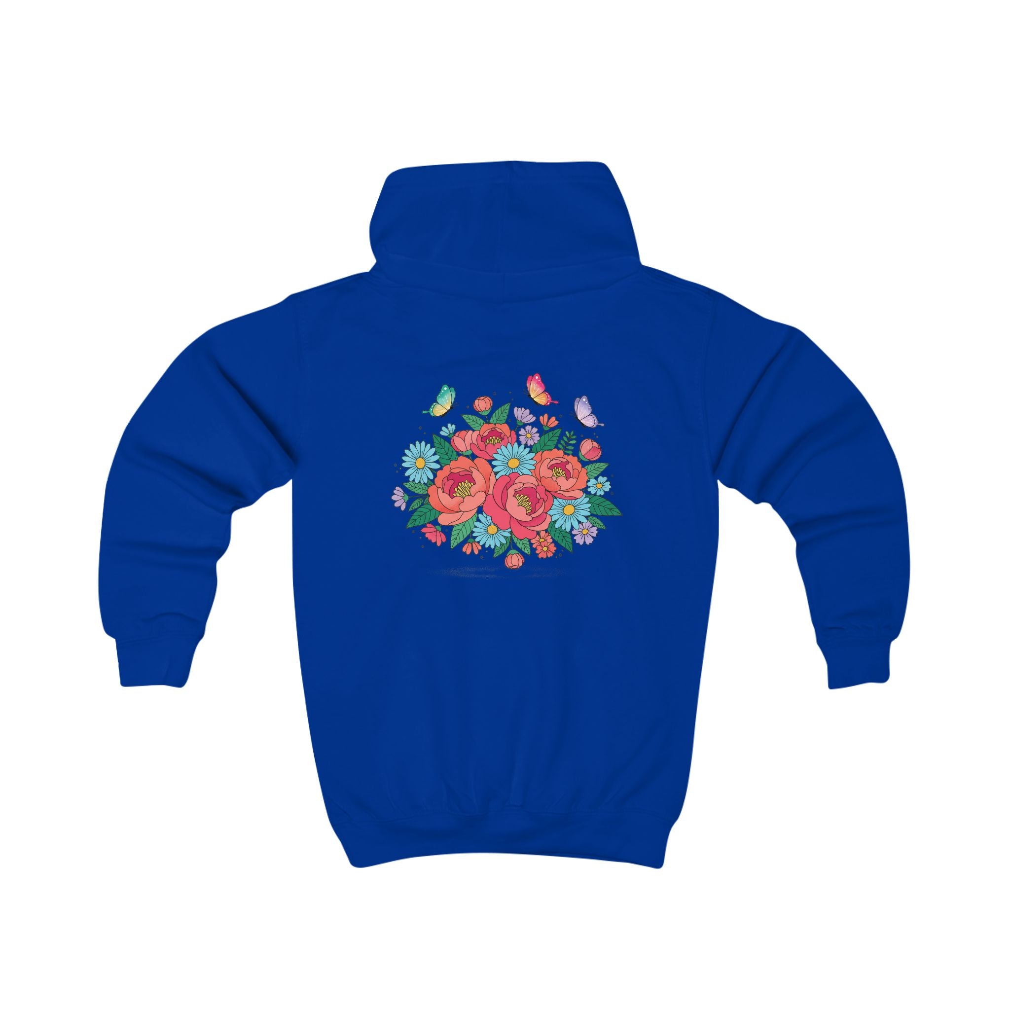 Kids Hoodie — Colorful Floral Bouquet Back + 'Little Sunshine' Chest Graphic