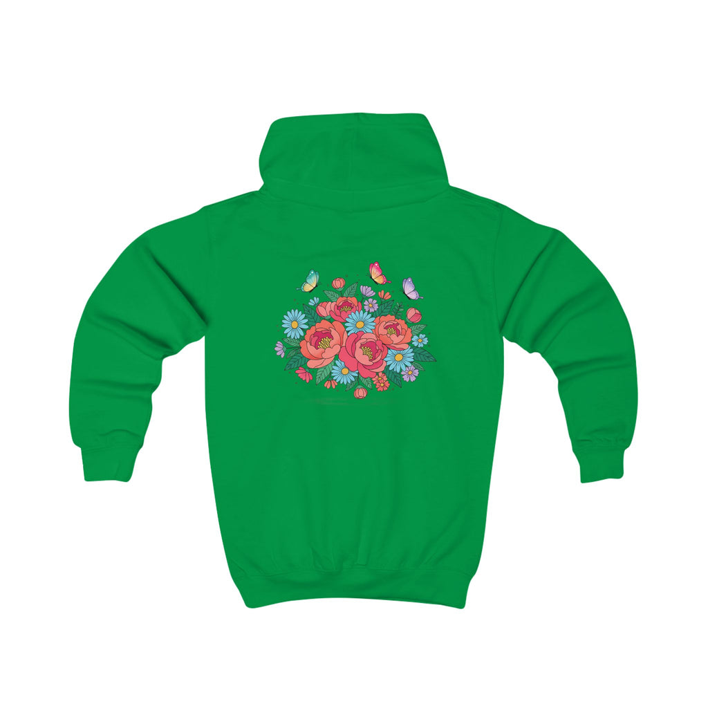 Kids Hoodie — Colorful Floral Bouquet Back + 'Little Sunshine' Chest Graphic