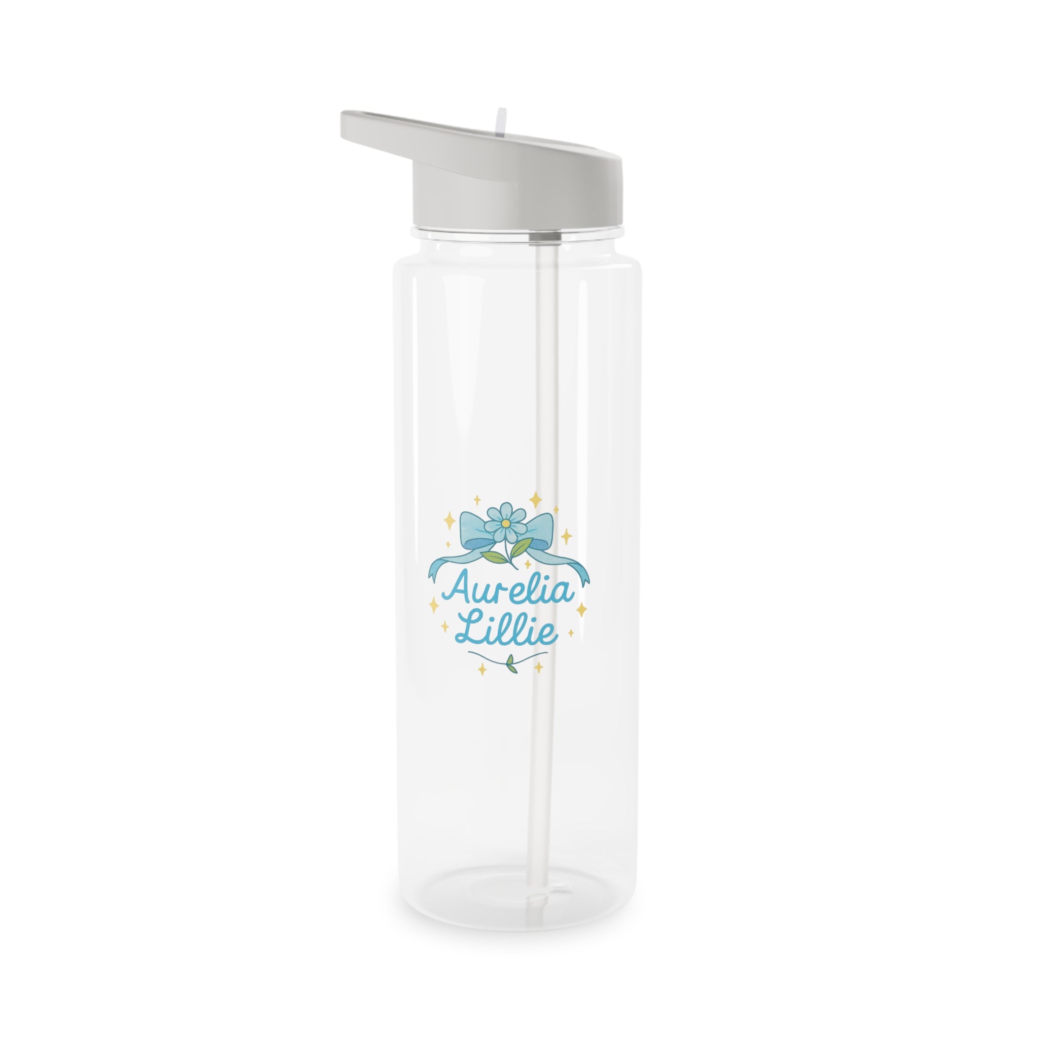 Personalized Floral Trinket Tritan Water Bottle – "Aurelia Lillie" Blue Bow Design