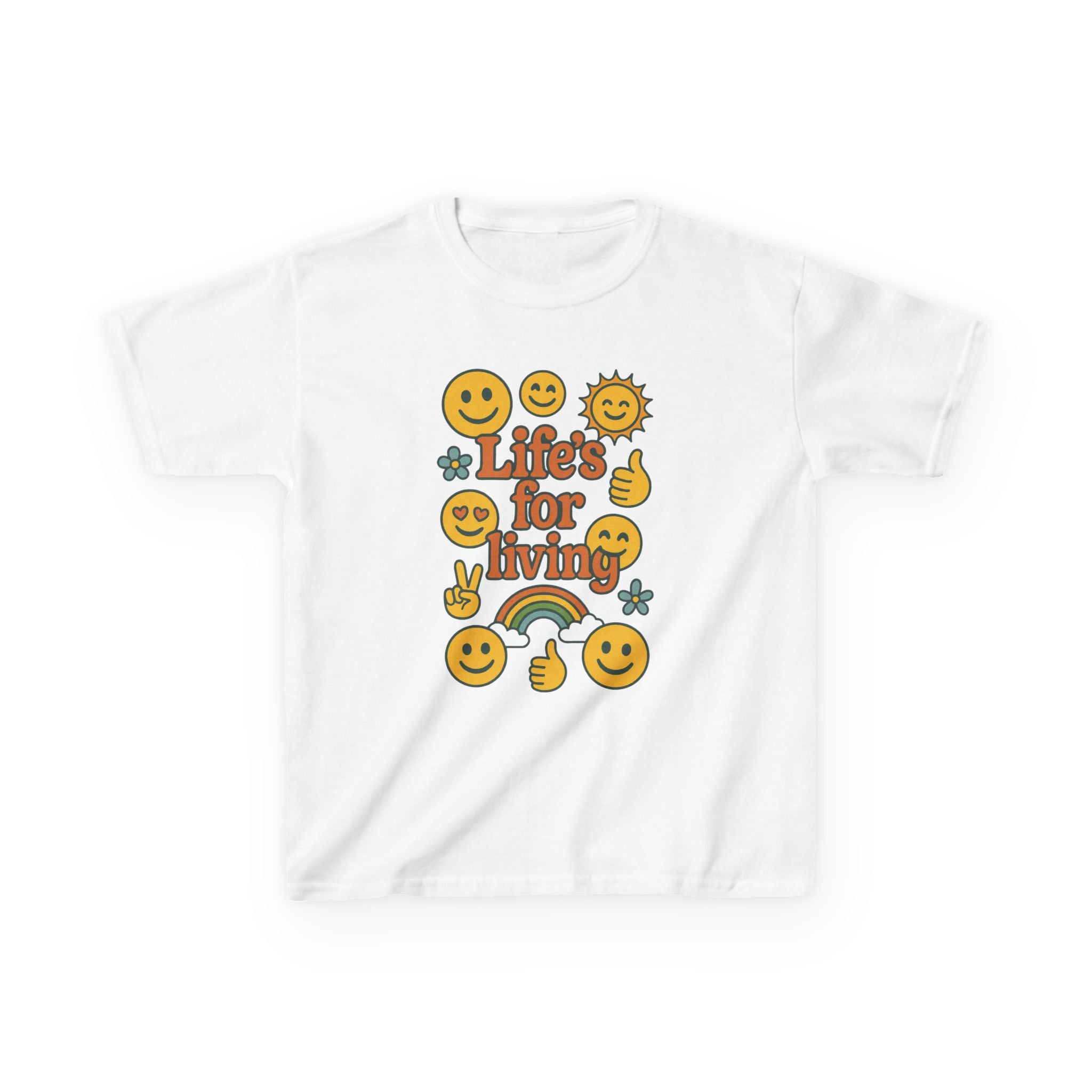 Kids Tee — "Life's for Living" Smiley Emoji Rainbow Graphic