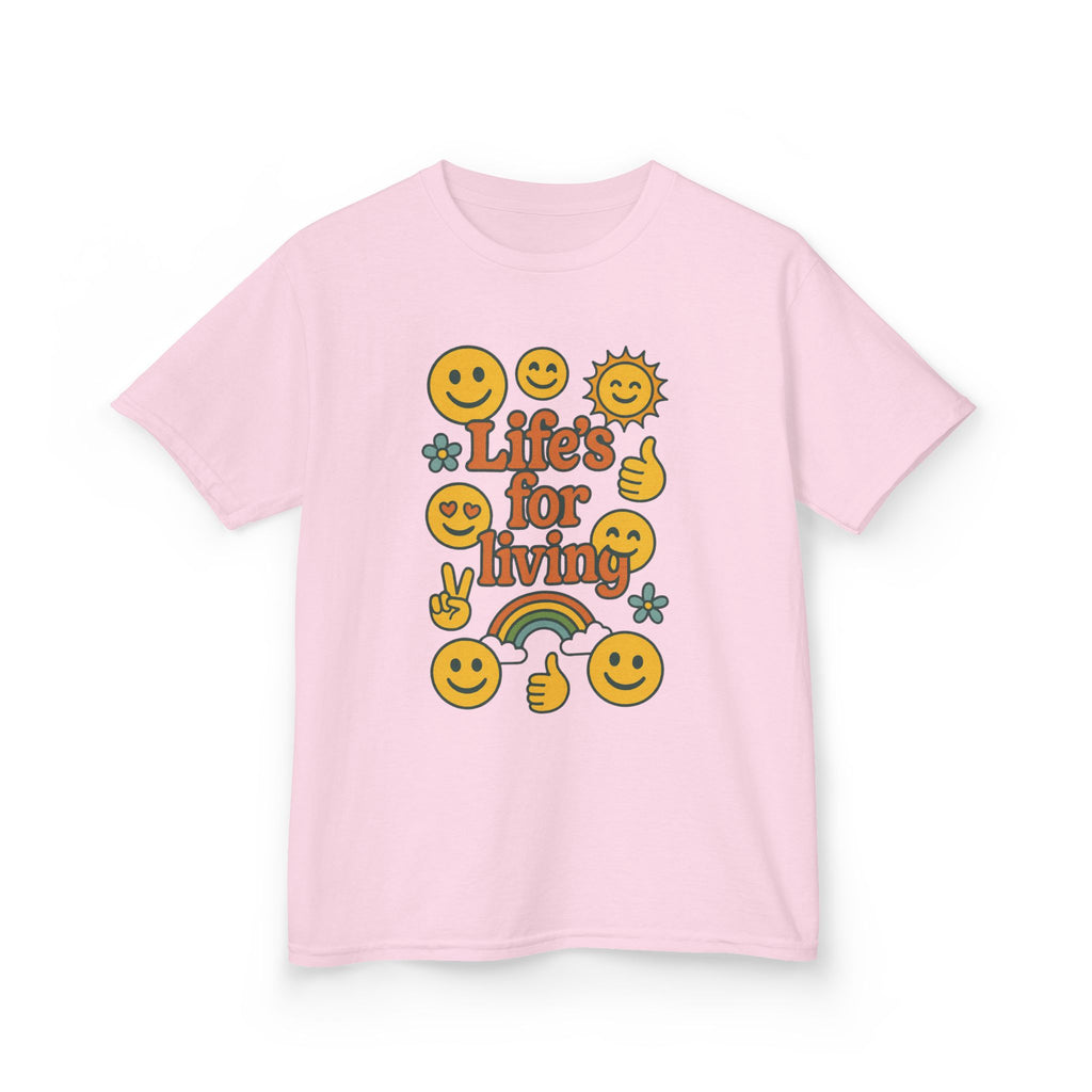 Kids Tee — "Life's for Living" Smiley Emoji Rainbow Graphic
