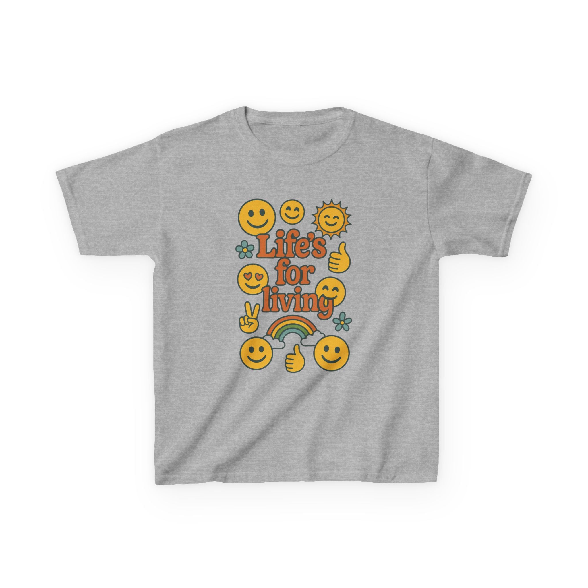 Kids Tee — "Life's for Living" Smiley Emoji Rainbow Graphic