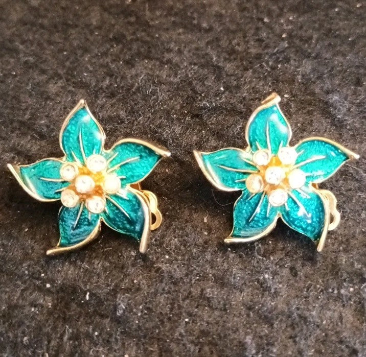 Clip On Earrings Gold Tone Enamel Flower Rhinestones