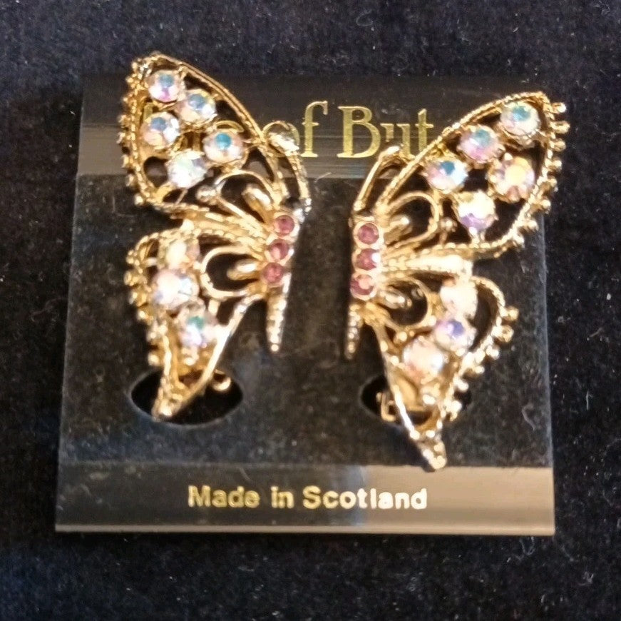 Isle Of Bute Butterfly Earrings Gold Tone Rhinestones