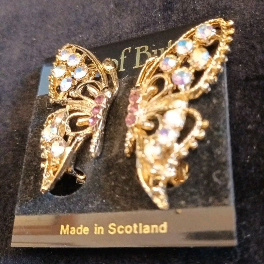 Isle Of Bute Butterfly Earrings Gold Tone Rhinestones