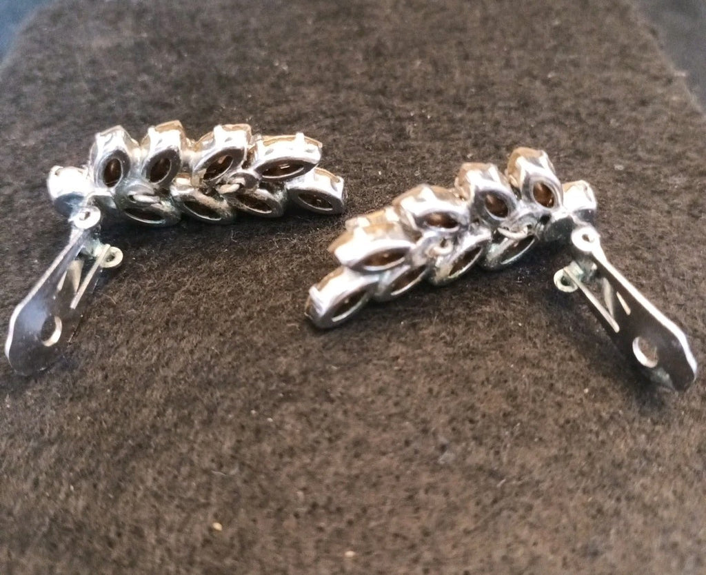 Costume Jewellery Clip On Earrings Silver Tone Clear Rhinestones 3.5cm Long