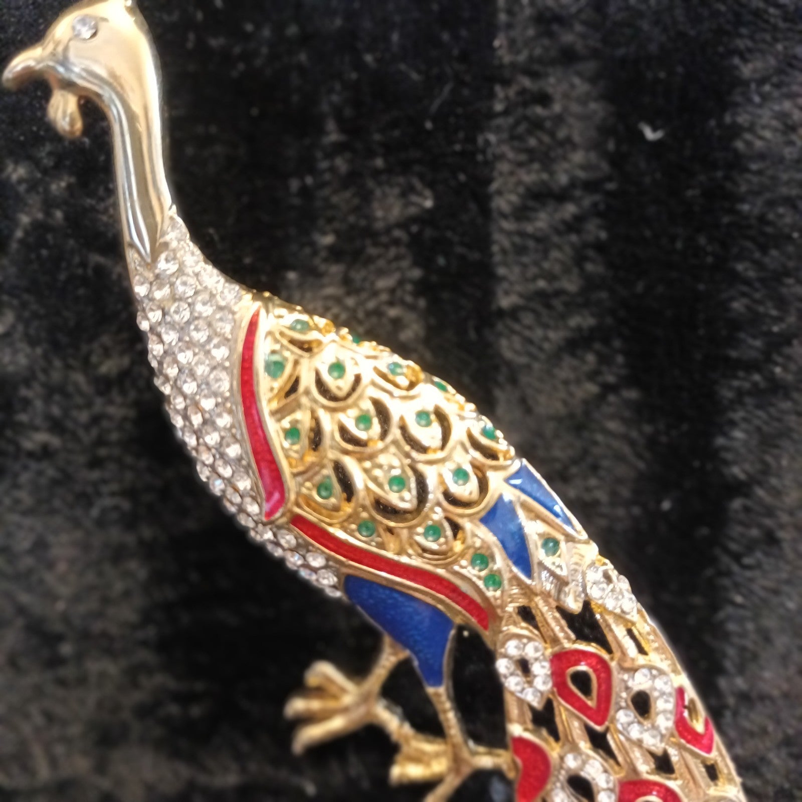 Brooch. 14.5cm Peacock Brooch Gold Tone Colourful