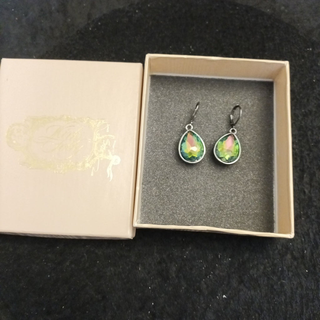 Kirk's Folly Earrings Green Faceted Gun Metal Grey Colour Metal