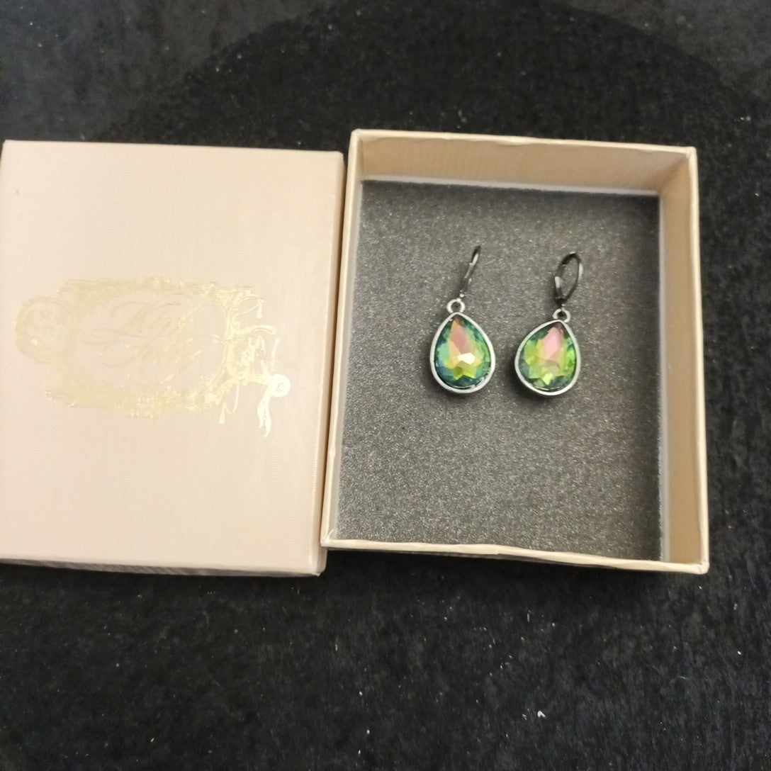 Kirk's Folly Earrings Green Faceted Gun Metal Grey Colour Metal