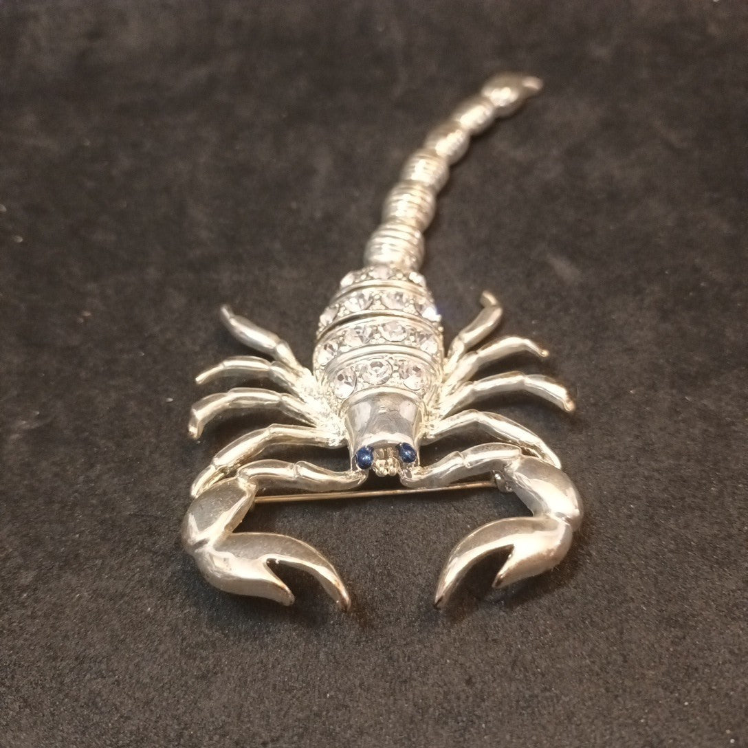 Silver Tone Brooch Scorpion Articulated With Rhinestones
