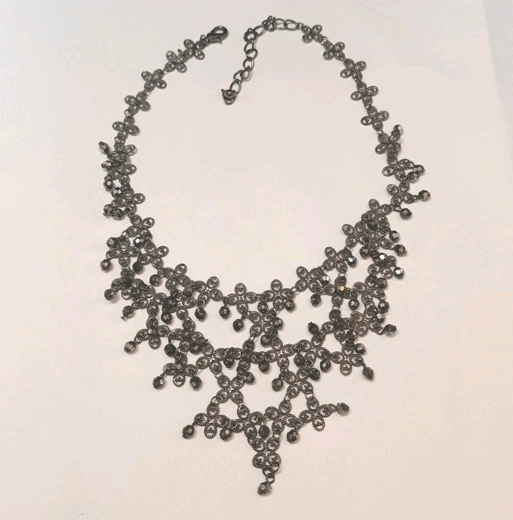 Grey Tone Statement Necklace With Grey Faceted Beads