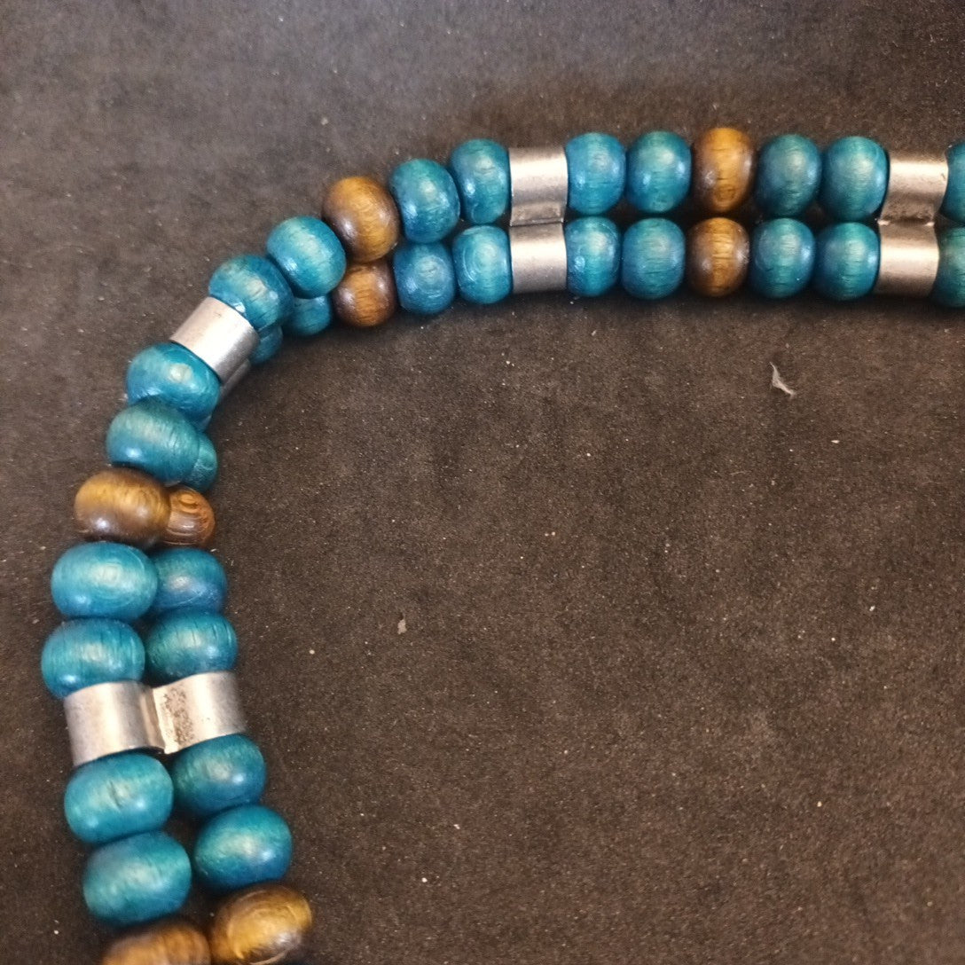 Belt - Wooden Beaded Belt Blue Silver And Brown