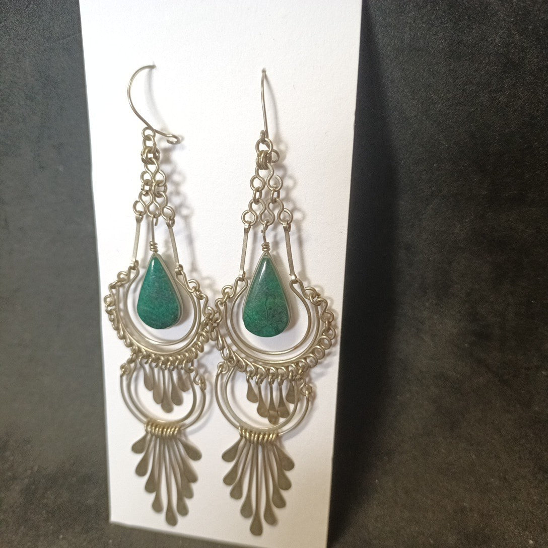 Silver Tone Dangle Earrings With Green Pendant (9cm Drop)