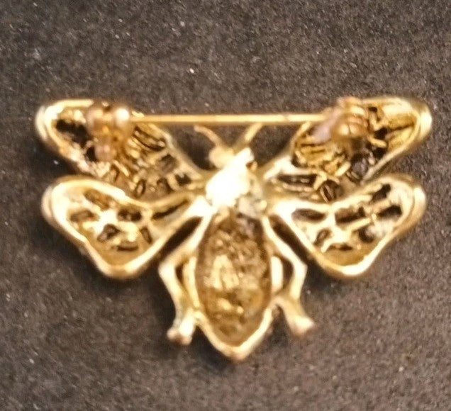 Brass Tone Bee Brooch Clear And Orange Rhinestones 38mm