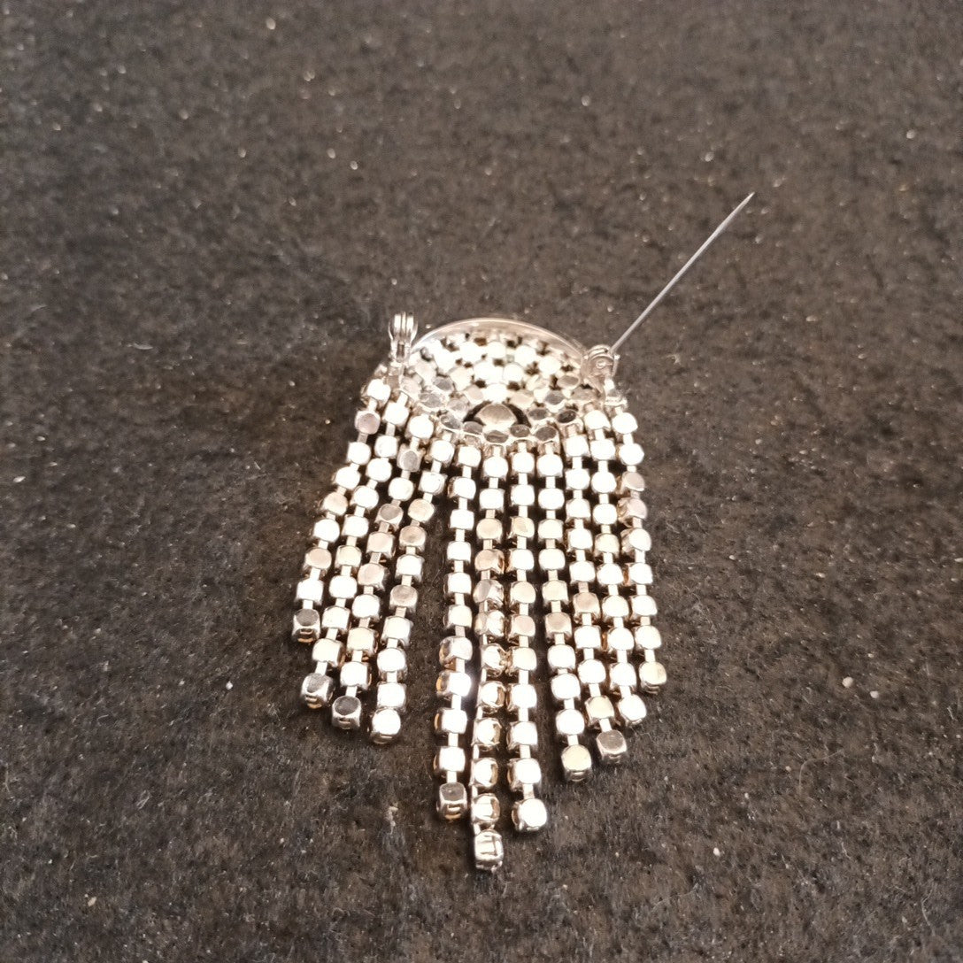 Brooch Silver Tone Sparkly Rhinestones 7cm Drop