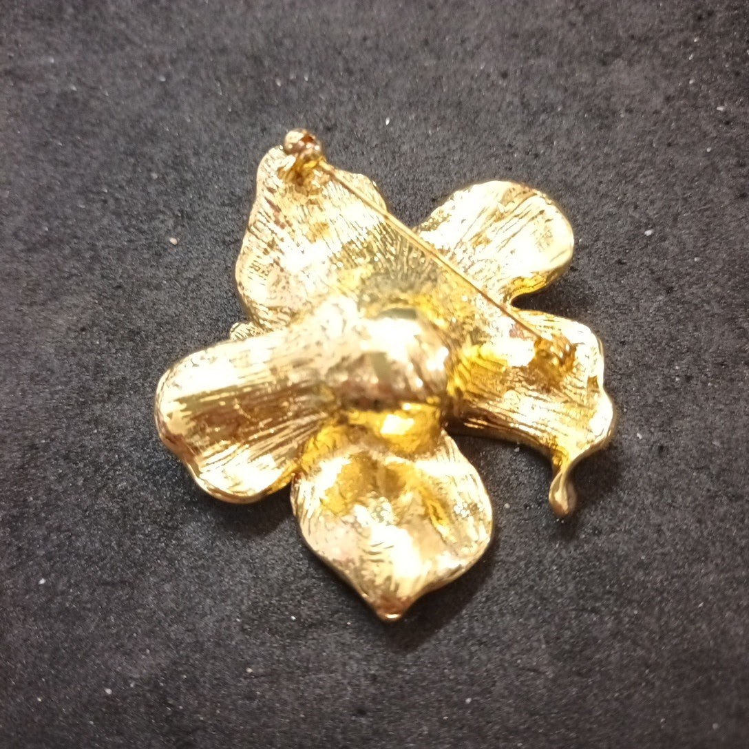 Gold Tone And Red Enamel Brooch Floral 47x47mm