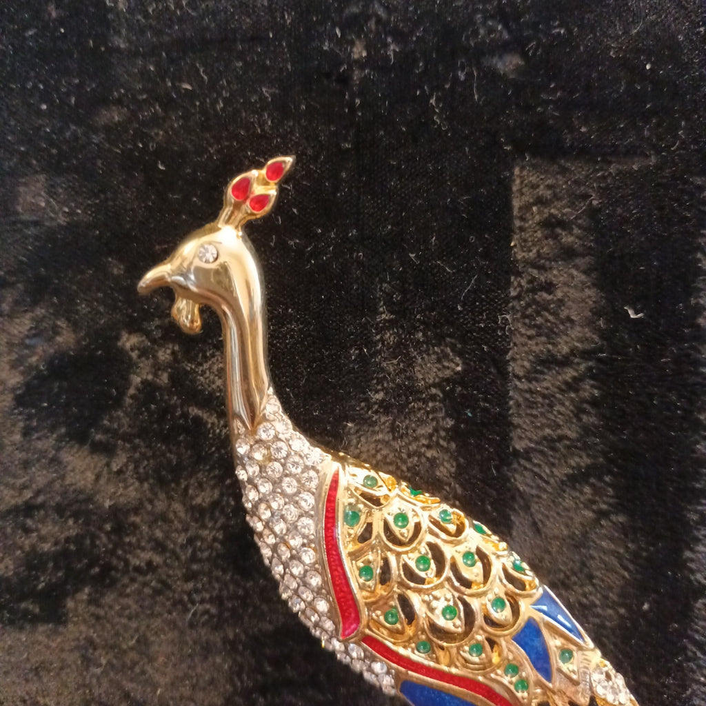 Brooch. 14.5cm Peacock Brooch Gold Tone Colourful