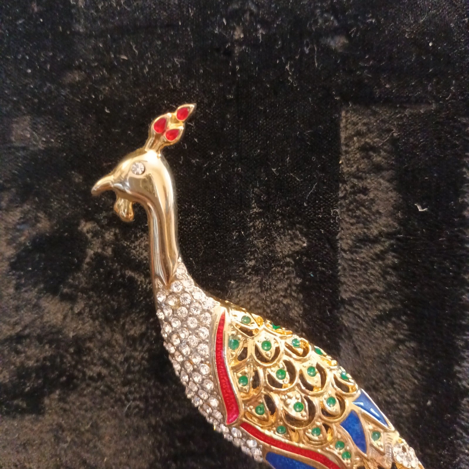 Brooch. 14.5cm Peacock Brooch Gold Tone Colourful