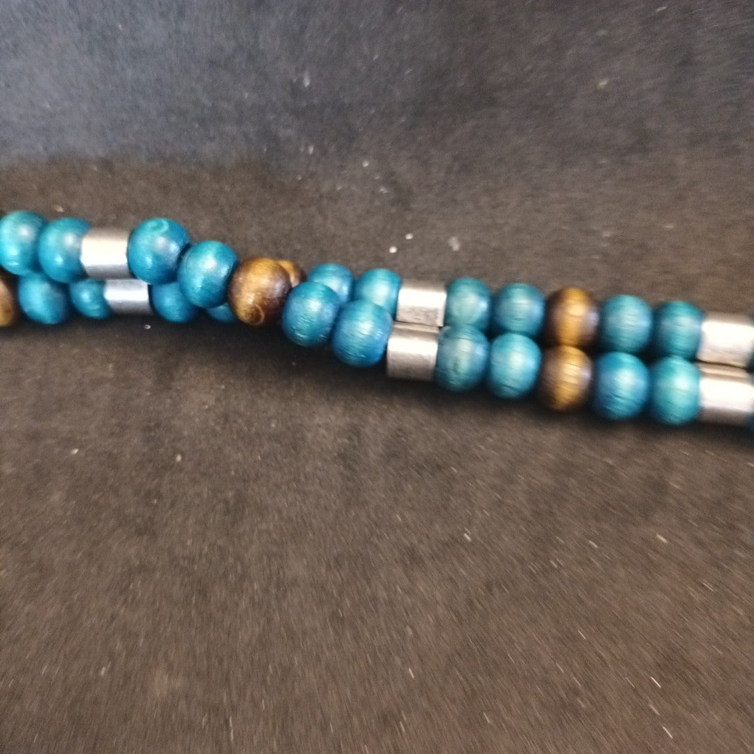 Belt - Wooden Beaded Belt Blue Silver And Brown