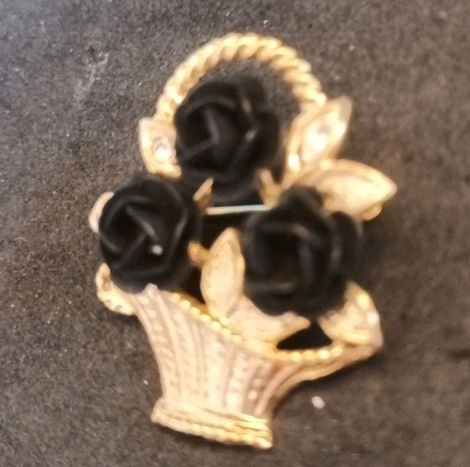 Gold Tone Brooch Basket With Black Roses 3.5cm Tall