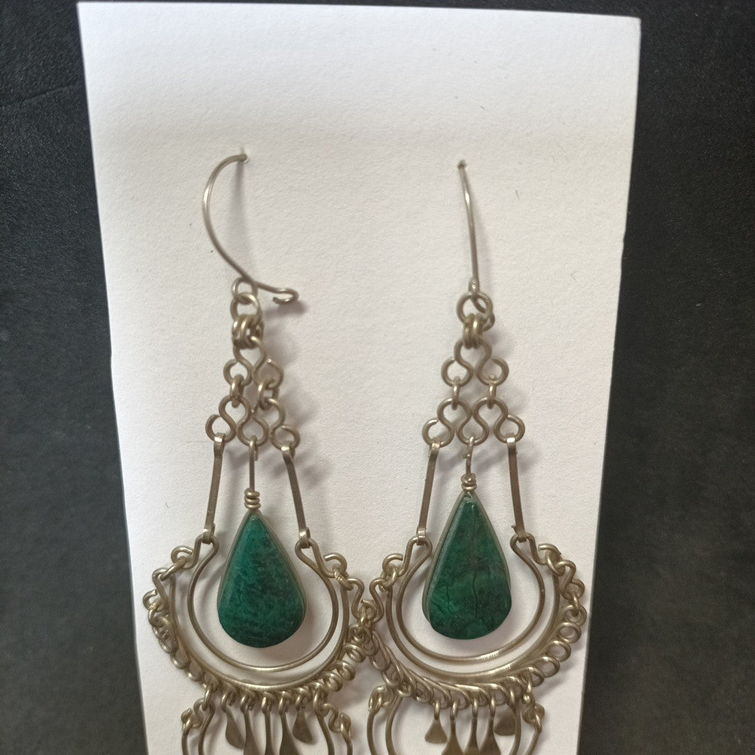 Silver Tone Dangle Earrings With Green Pendant (9cm Drop)