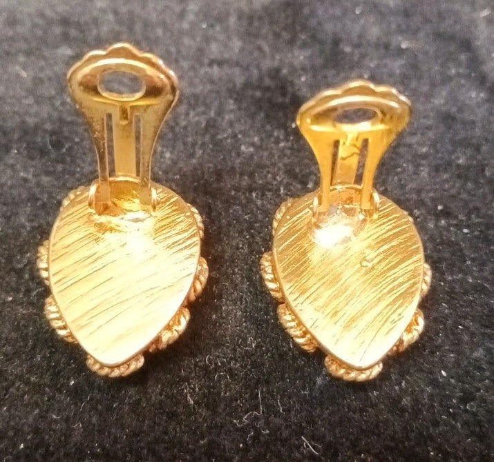 Gold Tone Clip On Earrings Black Glass Faceted Stones