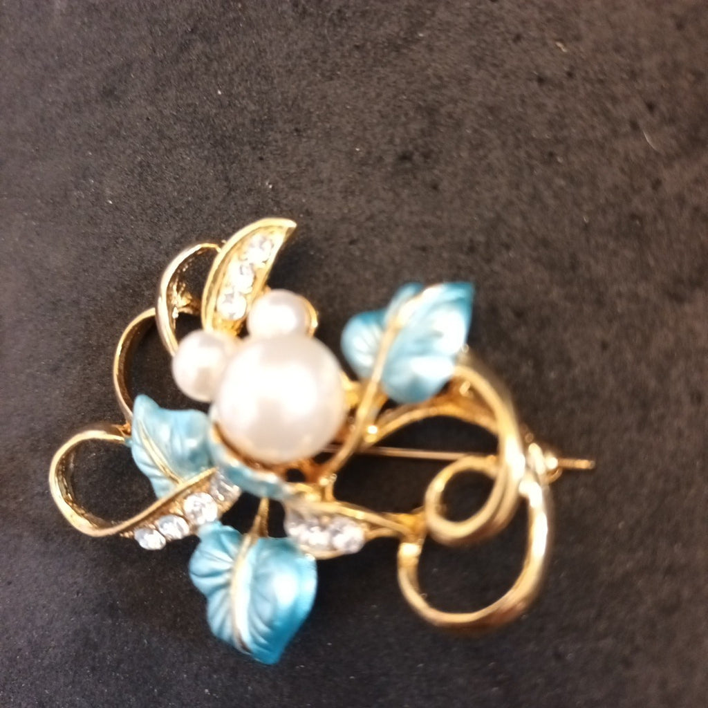 Gold Tone Brooch Faux Pearl Clear Rhinestones  5cm