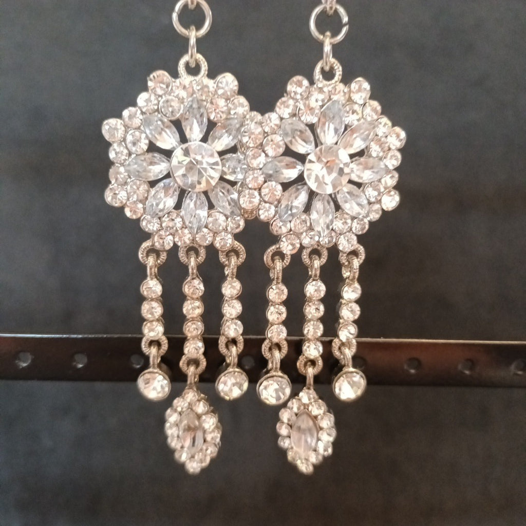 Earrings Silver Tone Statement Sparkle Clear Gemstones  10cm Long