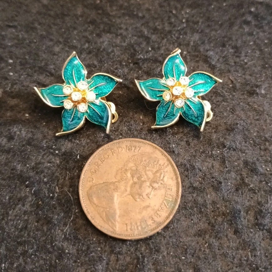 Clip On Earrings Gold Tone Enamel Flower Rhinestones