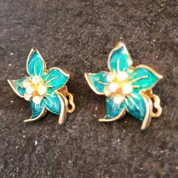 Clip On Earrings Gold Tone Enamel Flower Rhinestones