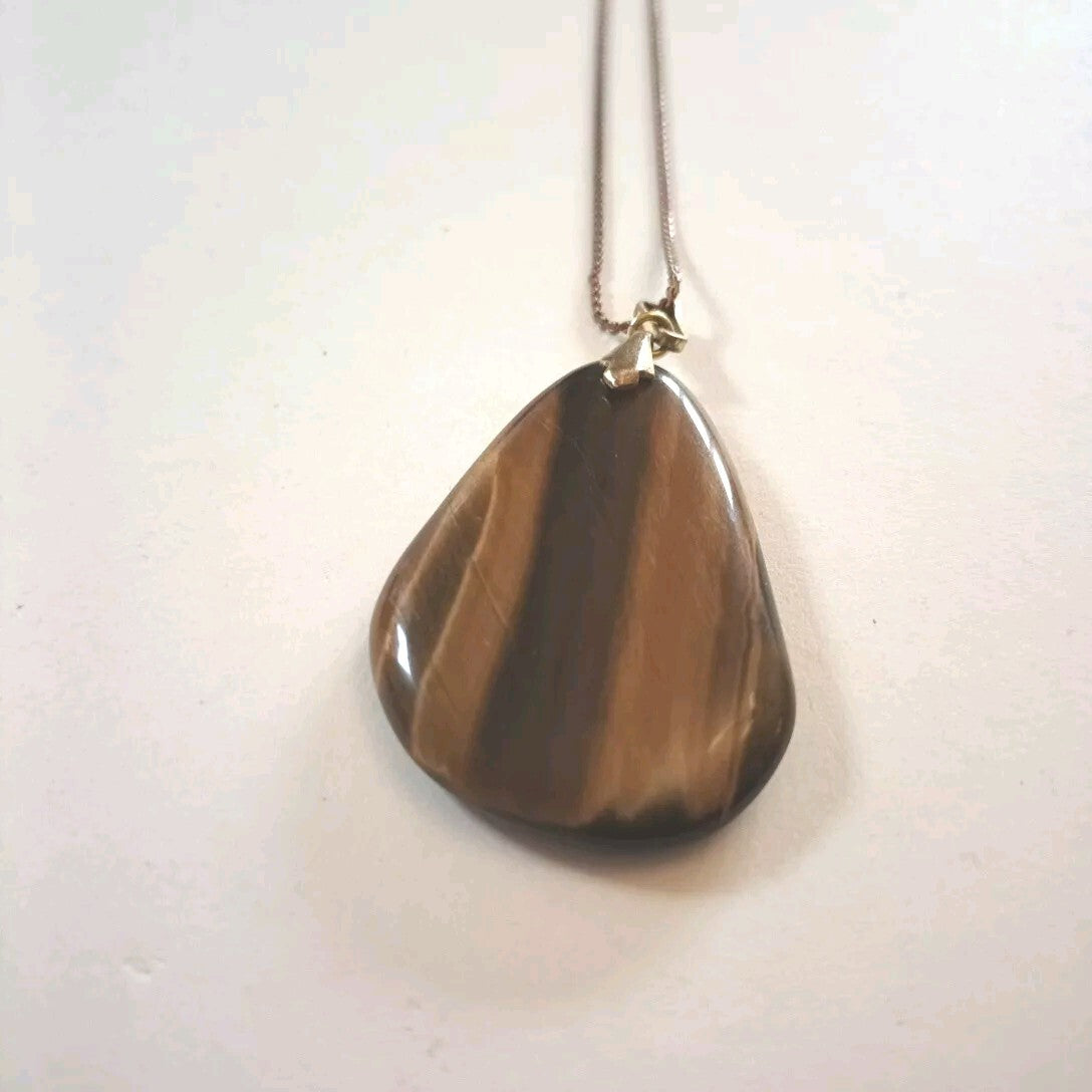 Pendant Necklace  Brass Tone Chain With Stone Pendant. Marked ZA-MI Italy