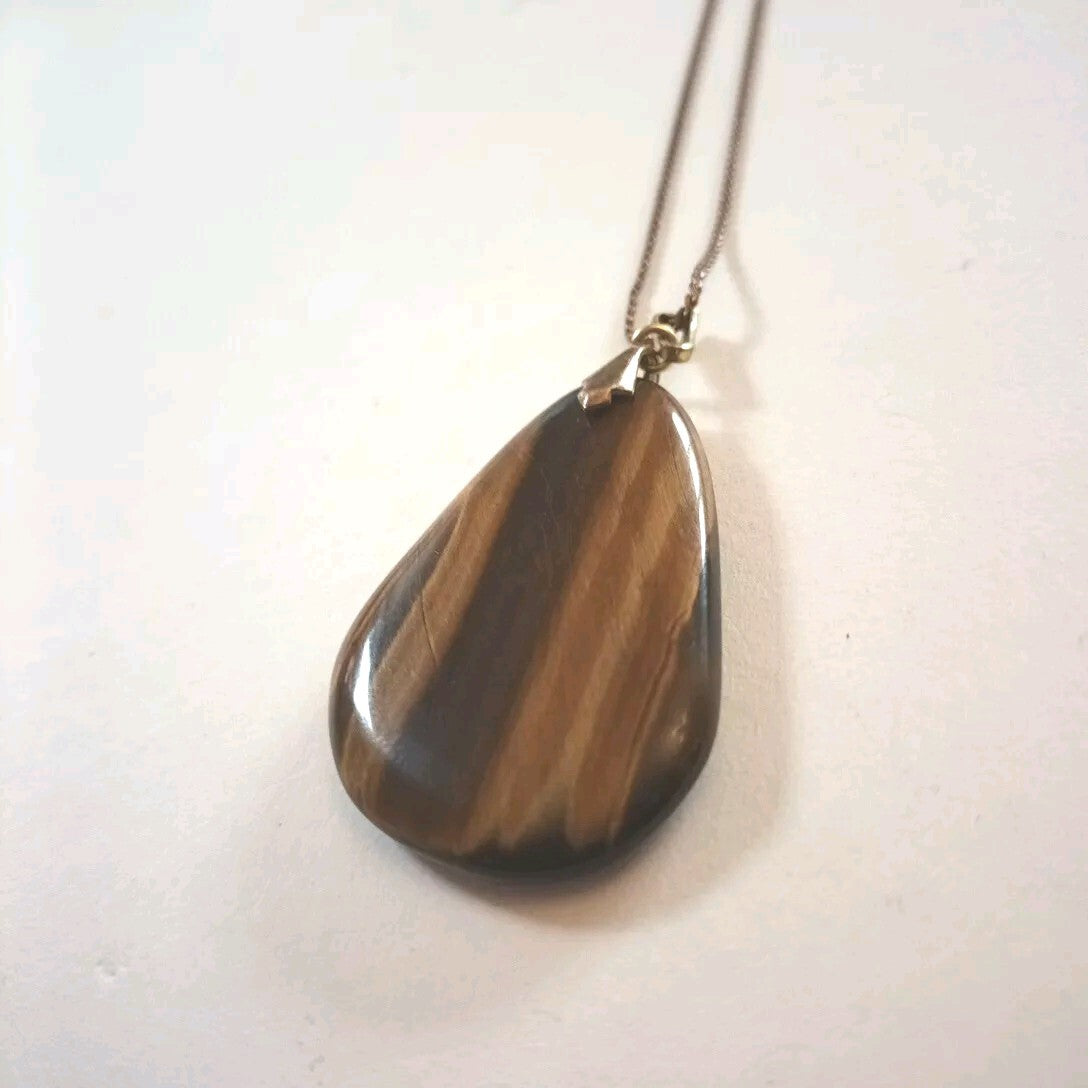 Pendant Necklace  Brass Tone Chain With Stone Pendant. Marked ZA-MI Italy