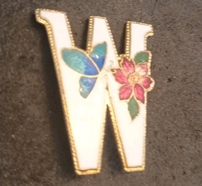 Cloisonne Letter W Brooch. Flower And Butterfly Enamel. Signed SG.