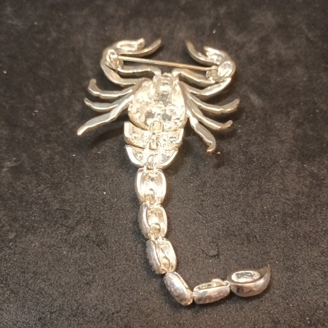 Silver Tone Brooch Scorpion Articulated With Rhinestones