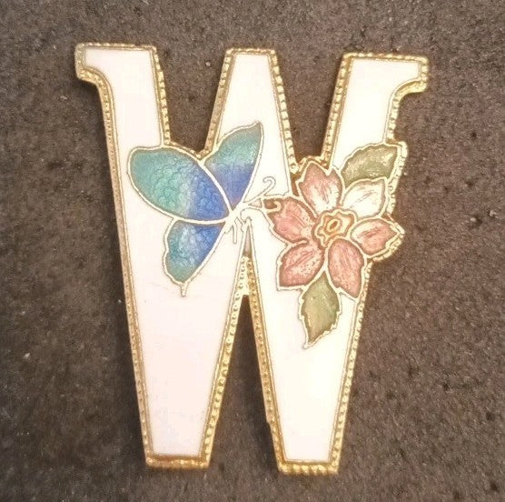 Cloisonne Letter W Brooch. Flower And Butterfly Enamel. Signed SG.