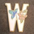 Cloisonne Letter W Brooch. Flower And Butterfly Enamel. Signed SG.