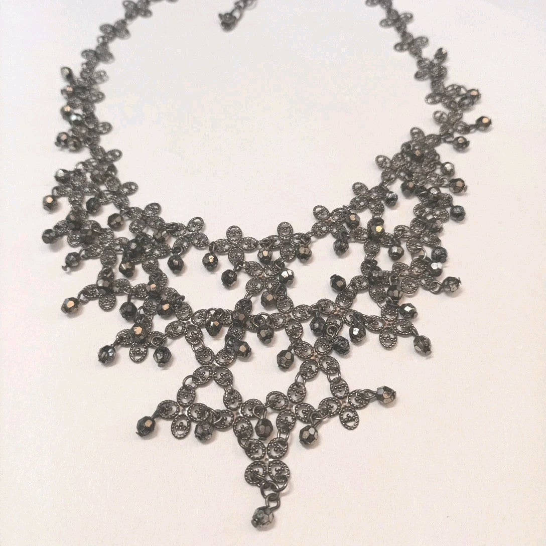Grey Tone Statement Necklace With Grey Faceted Beads