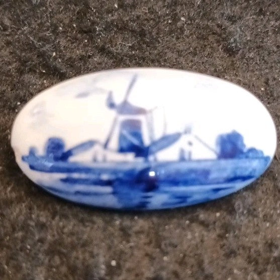 Delft Ceramic Blue And White Brooch Windmill