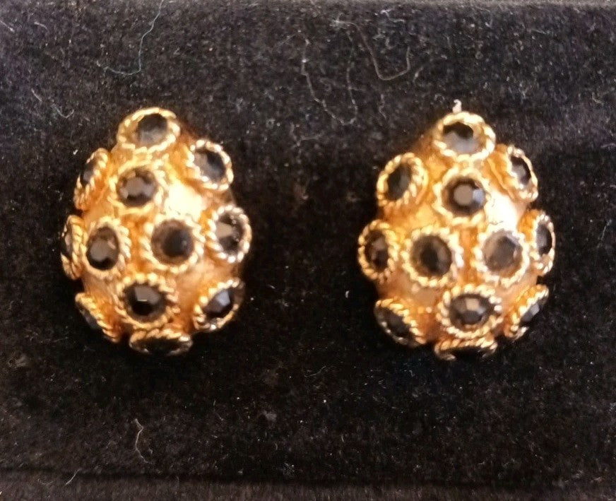 Gold Tone Clip On Earrings Black Glass Faceted Stones